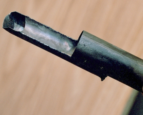 Bottom view of the finished intake/tailpipe assembly. The spout into the chamber is clearly shown. Photo Copyright 2005 Larry Cottrill