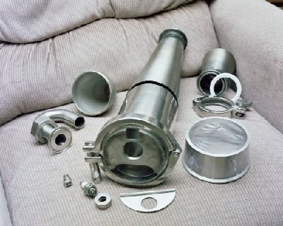 Cyclodyne prototype - all major parts, except the recycling cone. <br />Photo Copyright 2004 Larry Cottrill